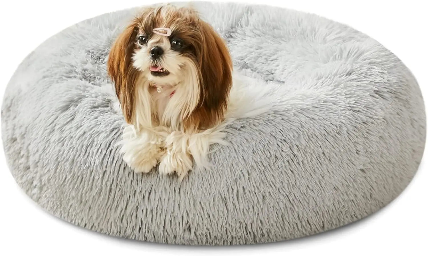 PawCalm Round Calming Bed - Fluffy Faux Fur Anti-Anxiety Dog Bed